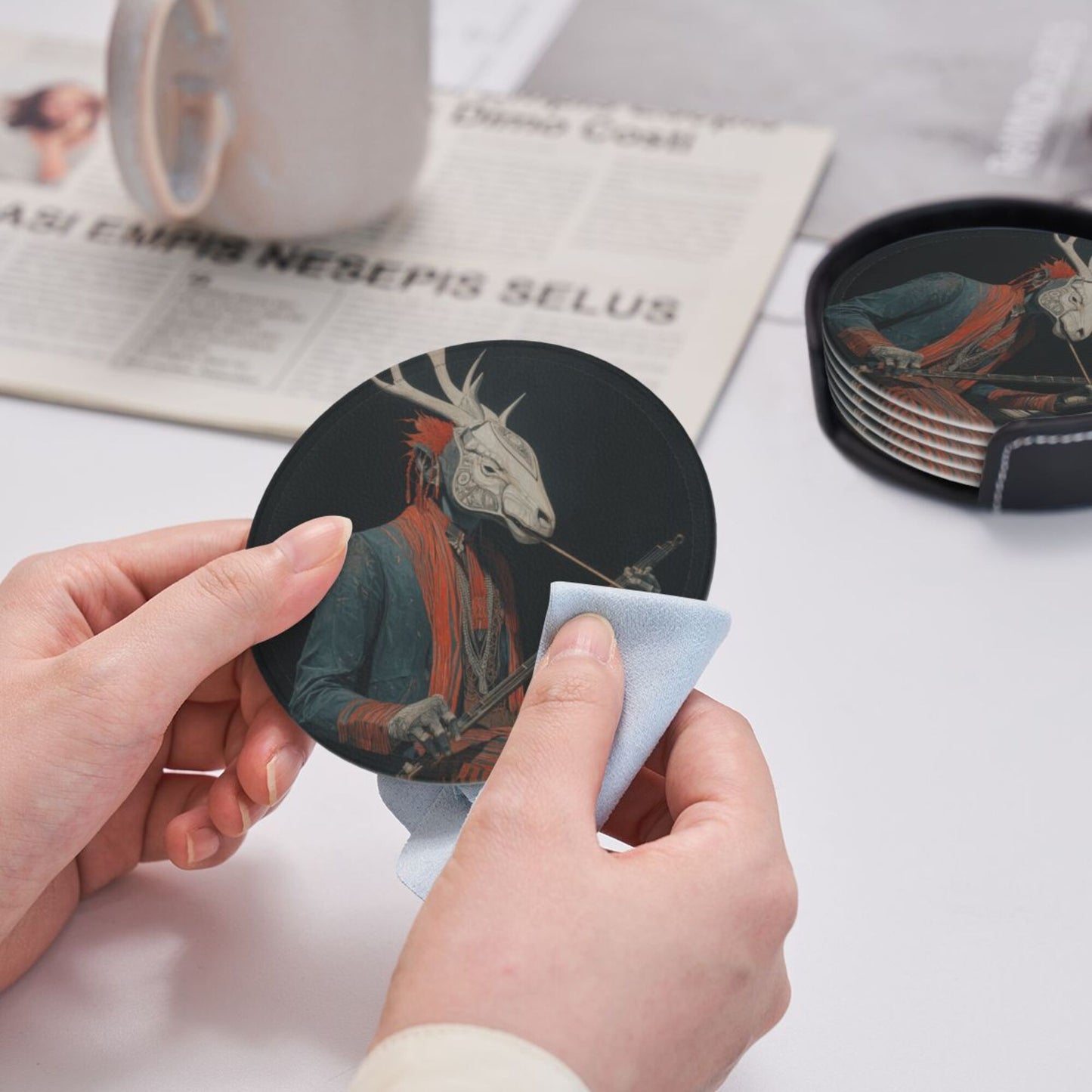 Artistic Deer - Head Figure Printed Round Leather Coasters (with Storage Tray, Size 10cm×0.3cm )