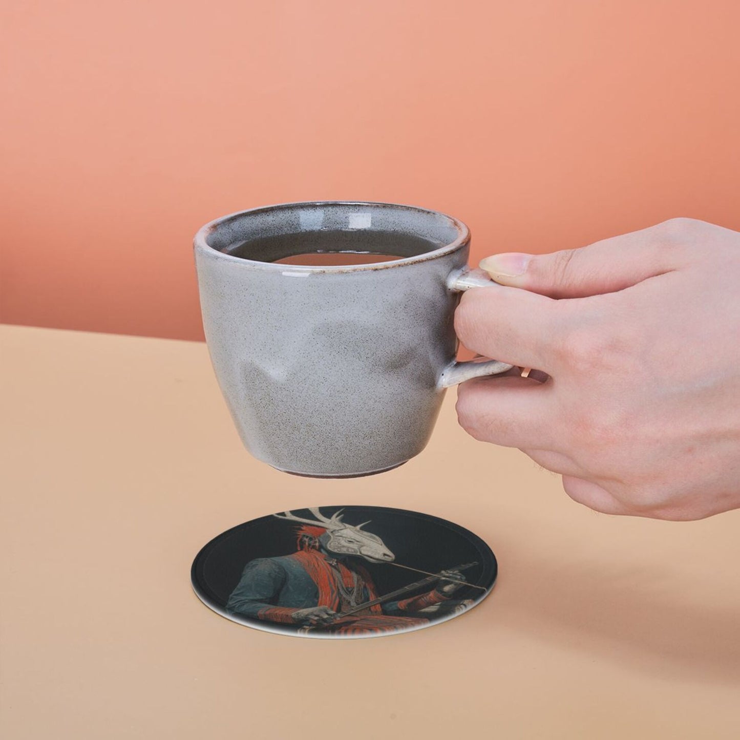 Artistic Deer - Head Figure Printed Round Leather Coasters (with Storage Tray, Size 10cm×0.3cm )