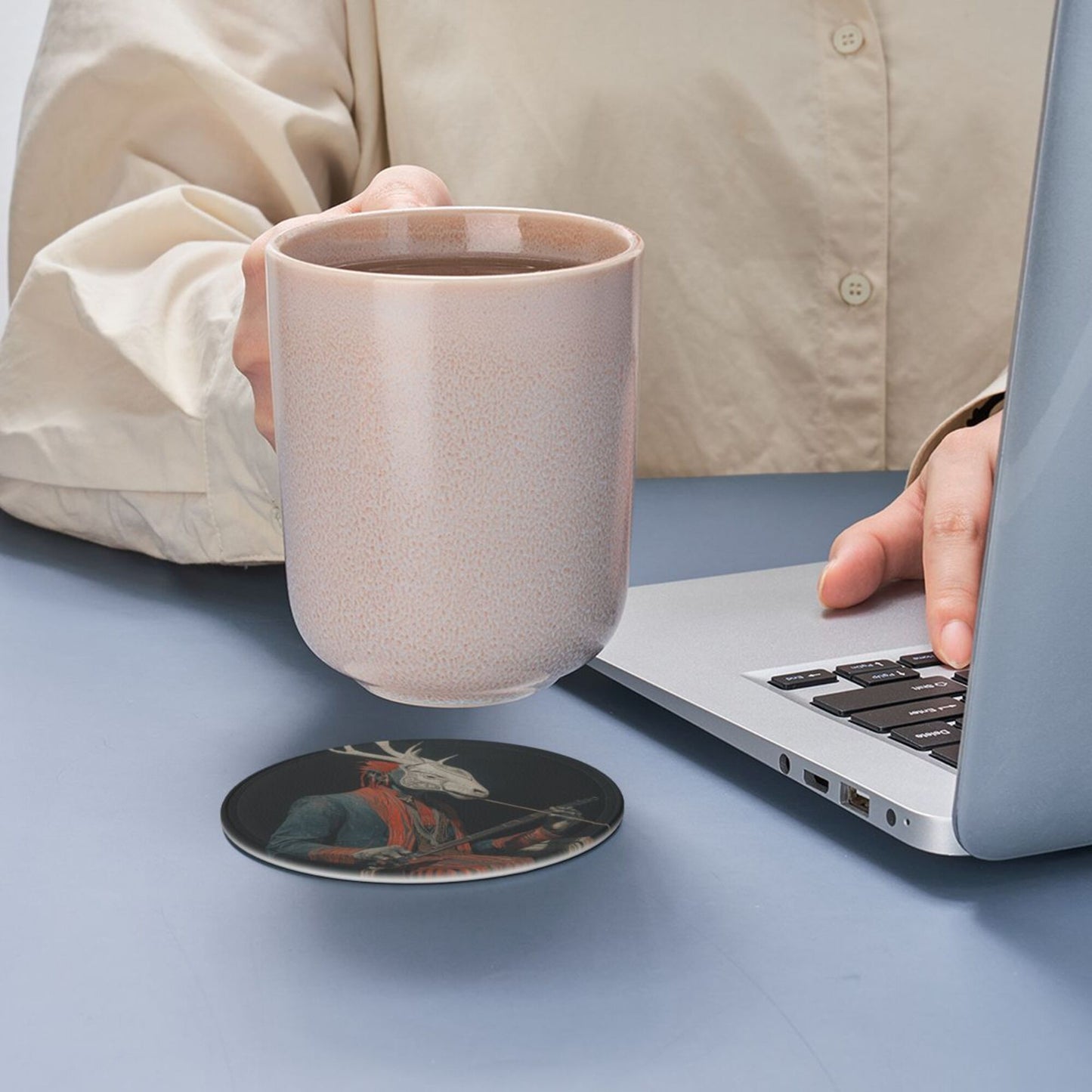 Artistic Deer - Head Figure Printed Round Leather Coasters (with Storage Tray, Size 10cm×0.3cm )