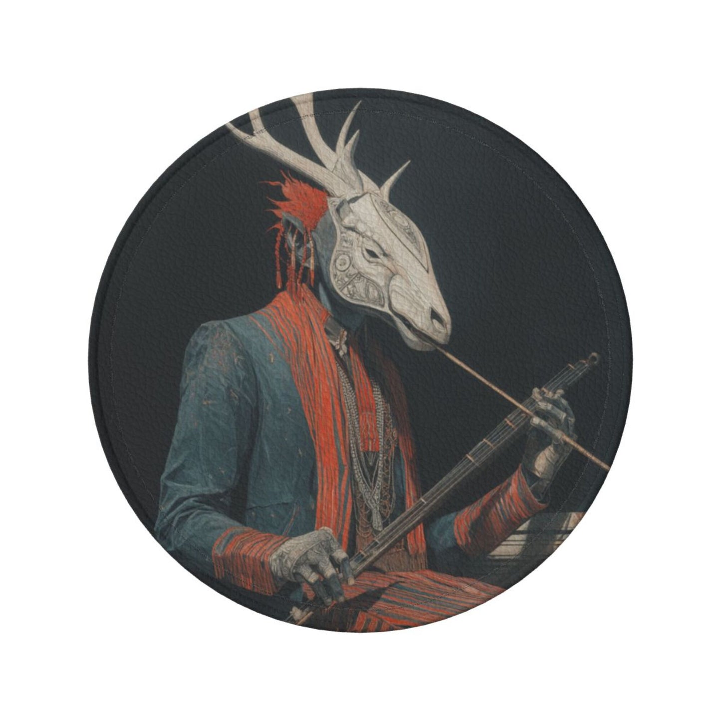 Artistic Deer - Head Figure Printed Round Leather Coasters (with Storage Tray, Size 10cm×0.3cm )