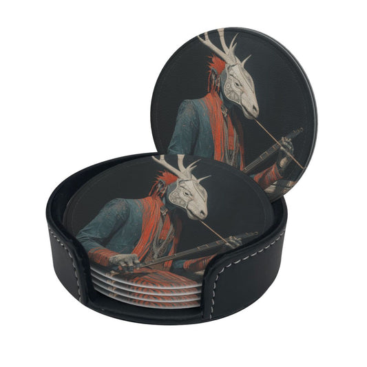 Artistic Deer - Head Figure Printed Round Leather Coasters (with Storage Tray, Size 10cm×0.3cm )