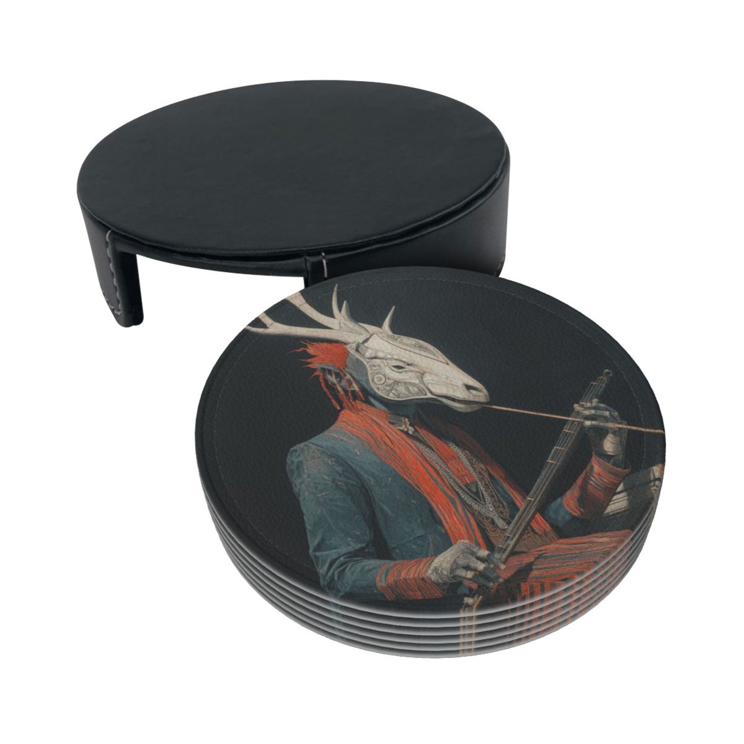 Artistic Deer - Head Figure Printed Round Leather Coasters (with Storage Tray, Size 10cm×0.3cm )