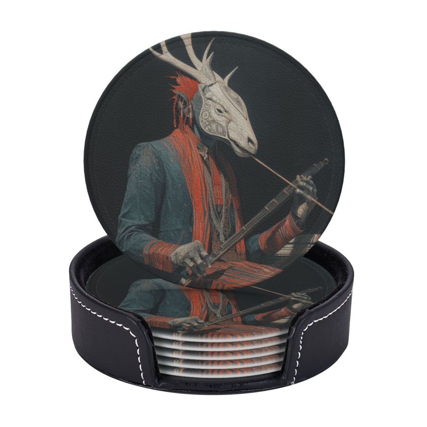 Artistic Deer - Head Figure Printed Round Leather Coasters (with Storage Tray, Size 10cm×0.3cm )