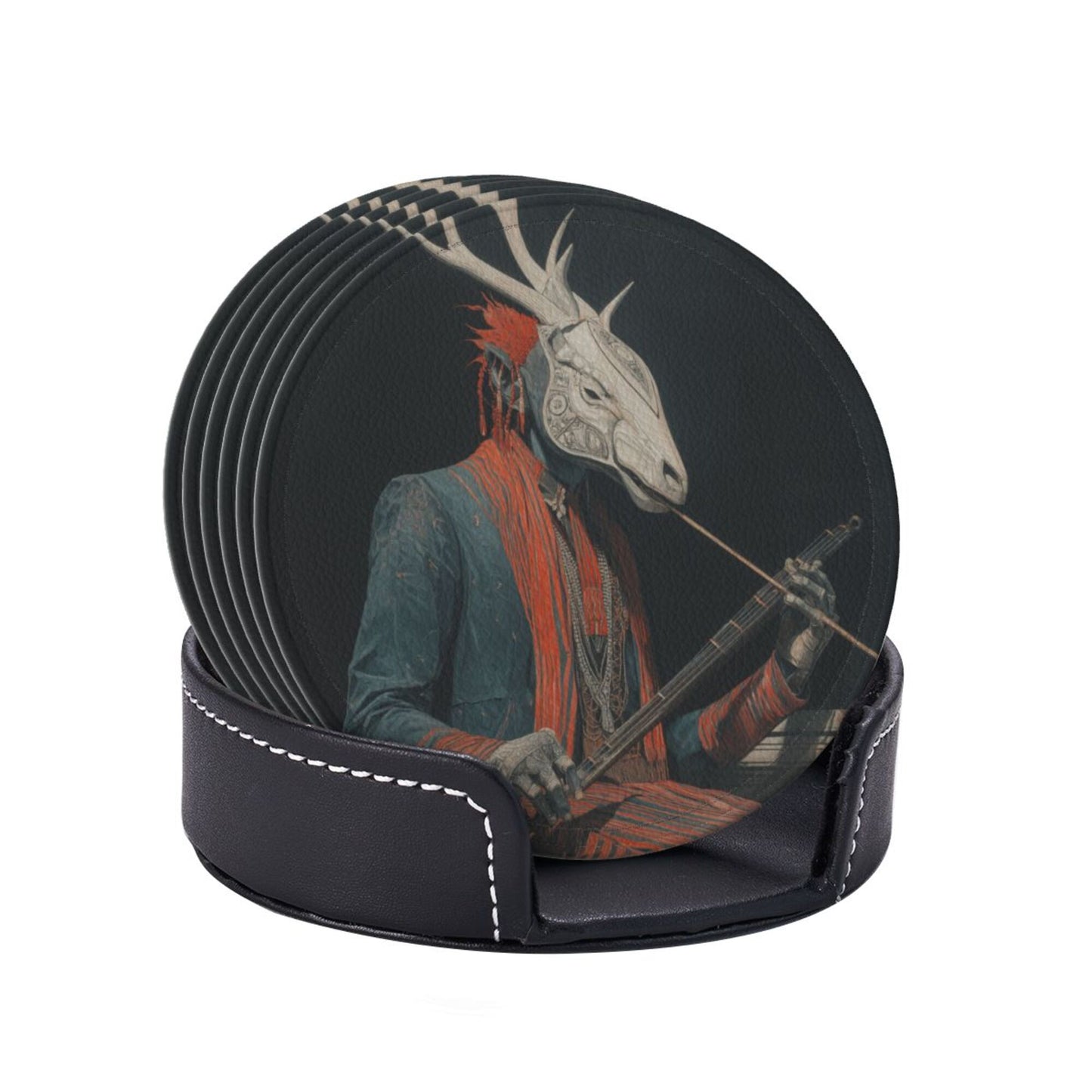 Artistic Deer - Head Figure Printed Round Leather Coasters (with Storage Tray, Size 10cm×0.3cm )