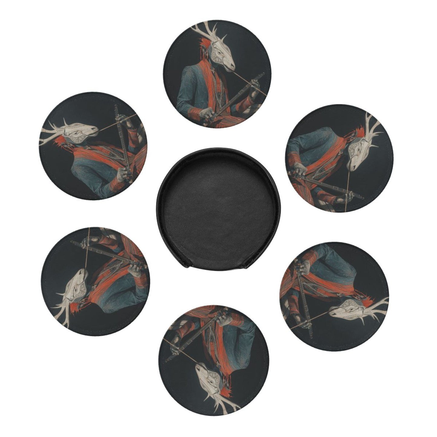 Artistic Deer - Head Figure Printed Round Leather Coasters (with Storage Tray, Size 10cm×0.3cm )