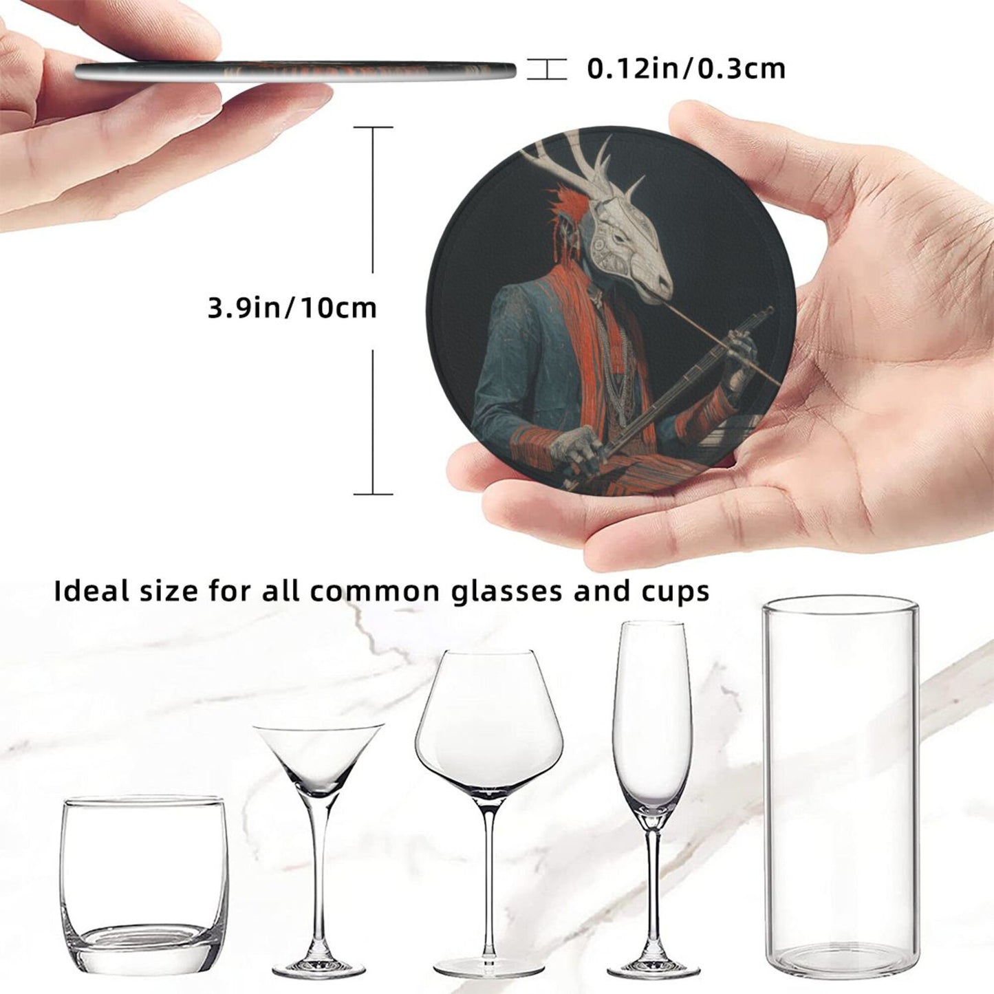 Artistic Deer - Head Figure Printed Round Leather Coasters (with Storage Tray, Size 10cm×0.3cm )