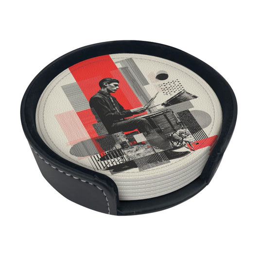 Artistic Illustration Round Leather Coaster Set (6 - Piece + Storage Tray, Size 10cm×0.3cm )