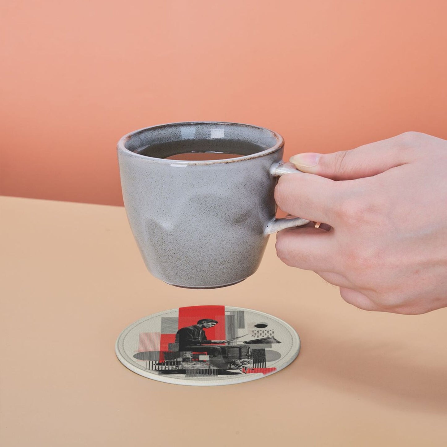 Artistic Illustration Round Leather Coaster Set (6 - Piece + Storage Tray, Size 10cm×0.3cm )