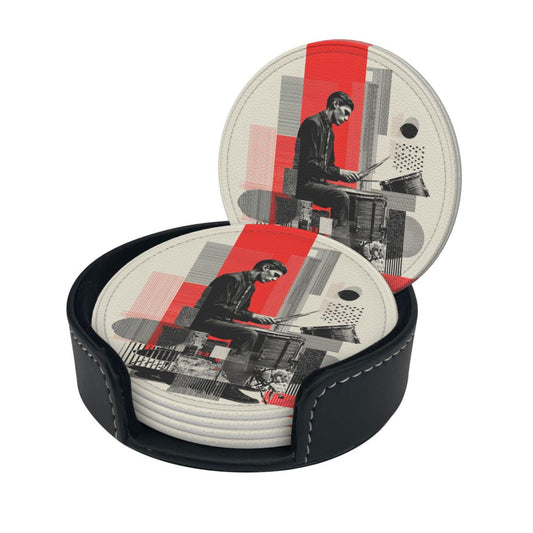 Artistic Illustration Round Leather Coaster Set (6 - Piece + Storage Tray, Size 10cm×0.3cm )