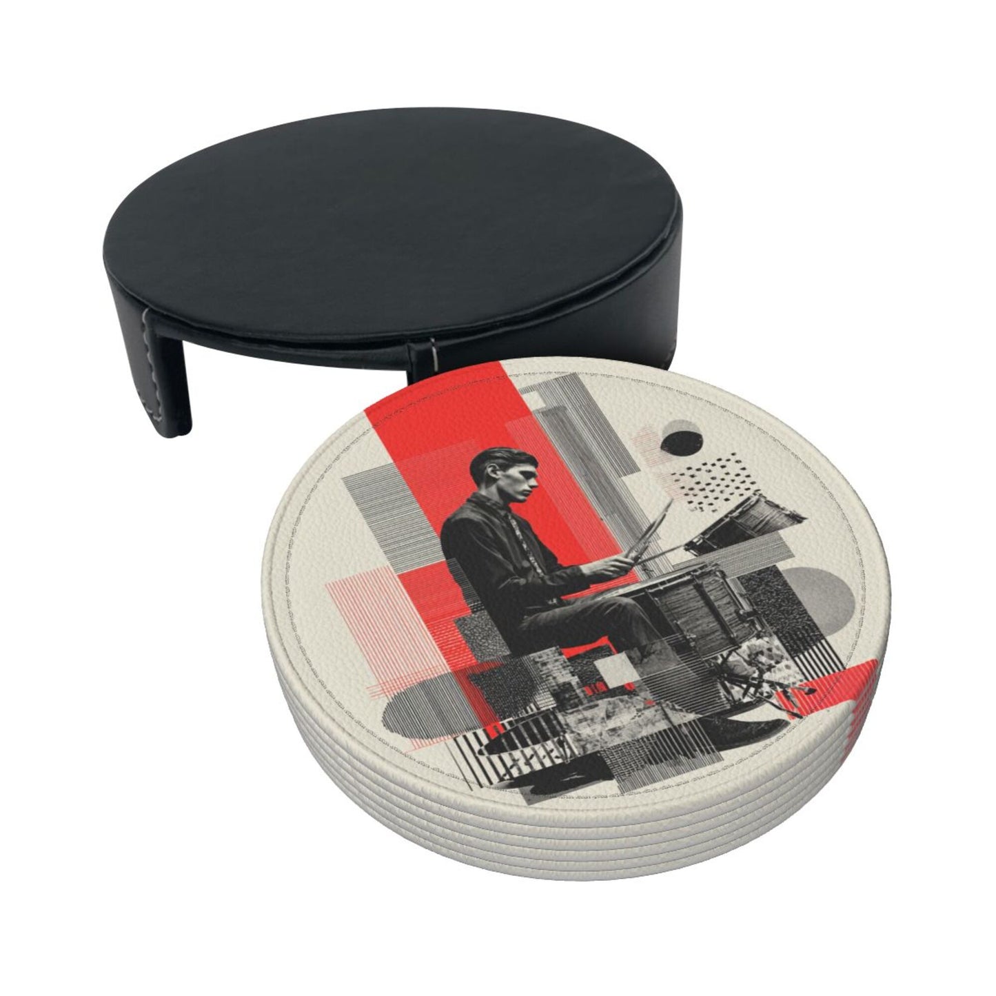 Artistic Illustration Round Leather Coaster Set (6 - Piece + Storage Tray, Size 10cm×0.3cm )