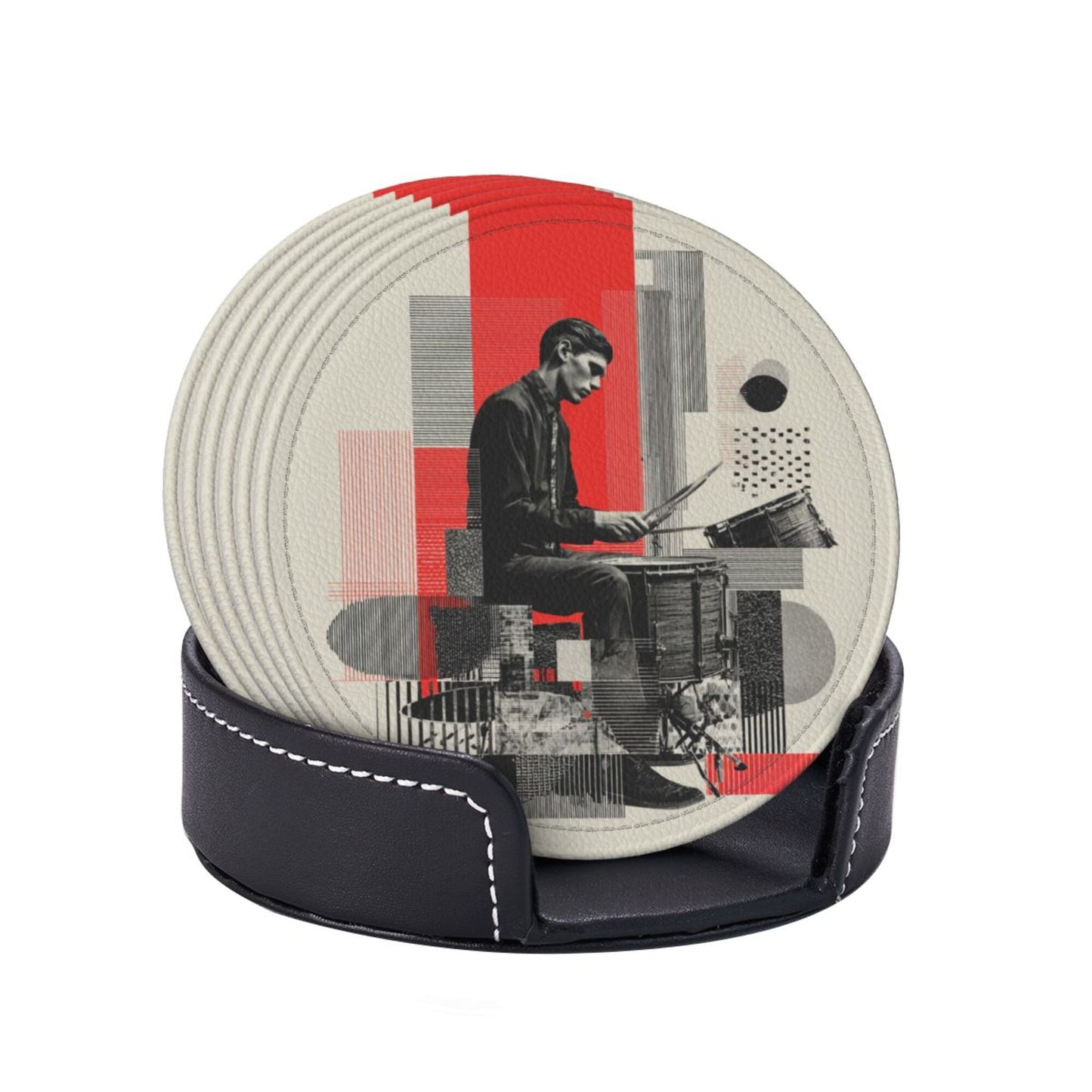 Artistic Illustration Round Leather Coaster Set (6 - Piece + Storage Tray, Size 10cm×0.3cm )