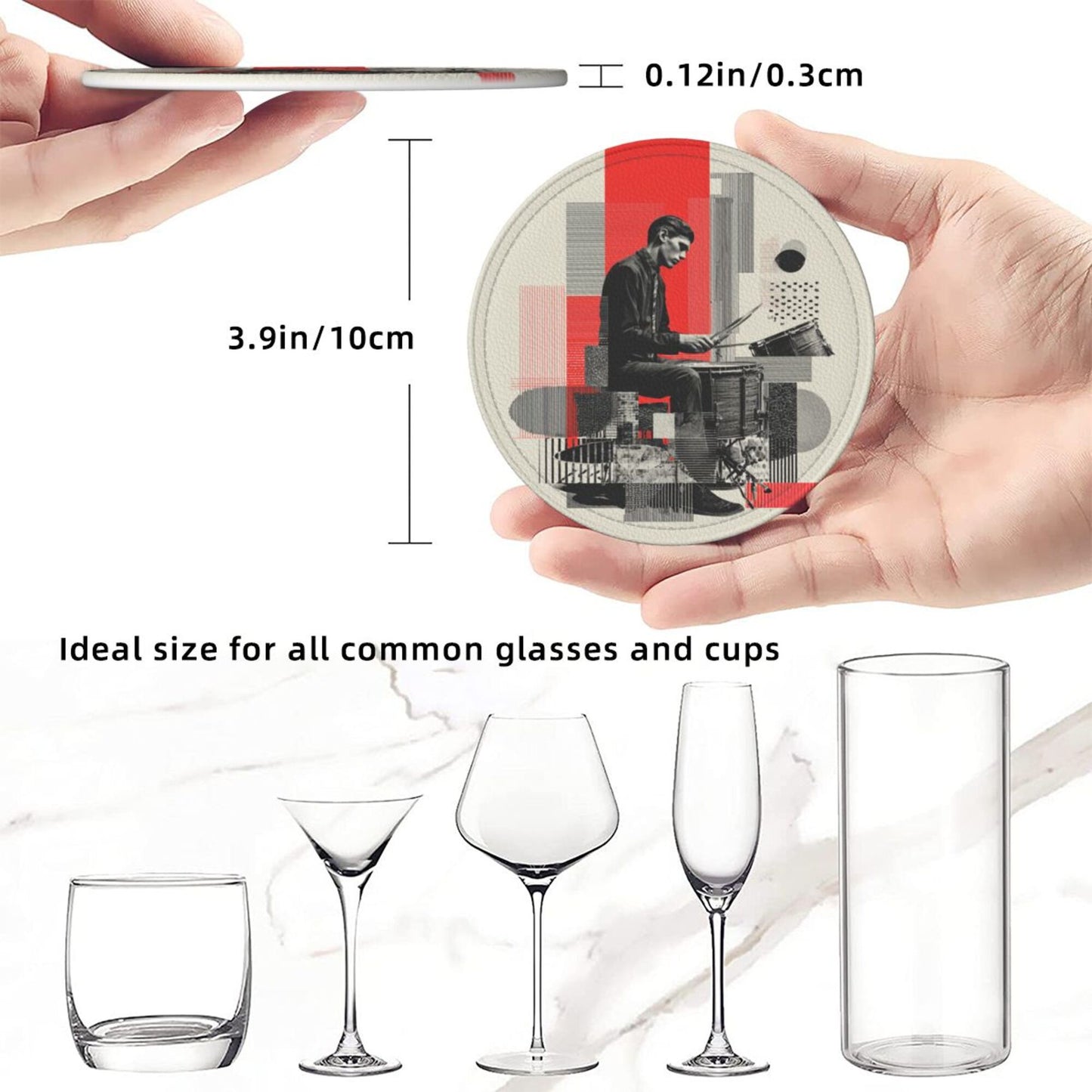 Artistic Illustration Round Leather Coaster Set (6 - Piece + Storage Tray, Size 10cm×0.3cm )
