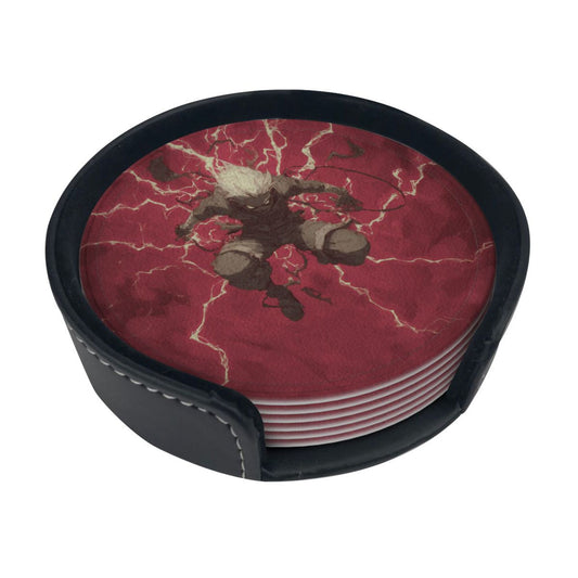 Anime - Style Lightning Character Round Leather Coaster Set (6 - Piece + Storage Tray, Size 10cm×0.3cm )