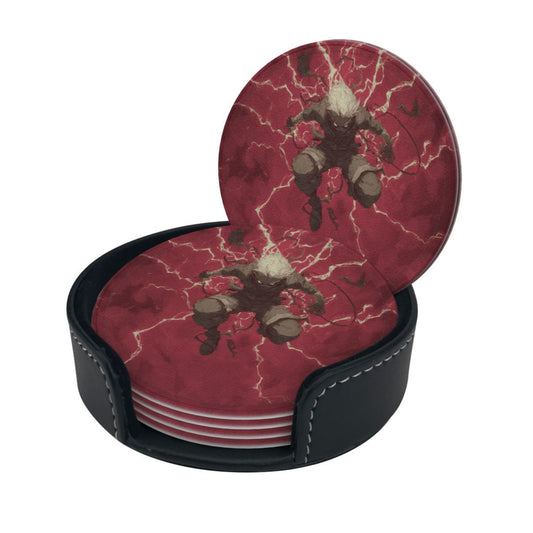 Anime - Style Lightning Character Round Leather Coaster Set (6 - Piece + Storage Tray, Size 10cm×0.3cm )