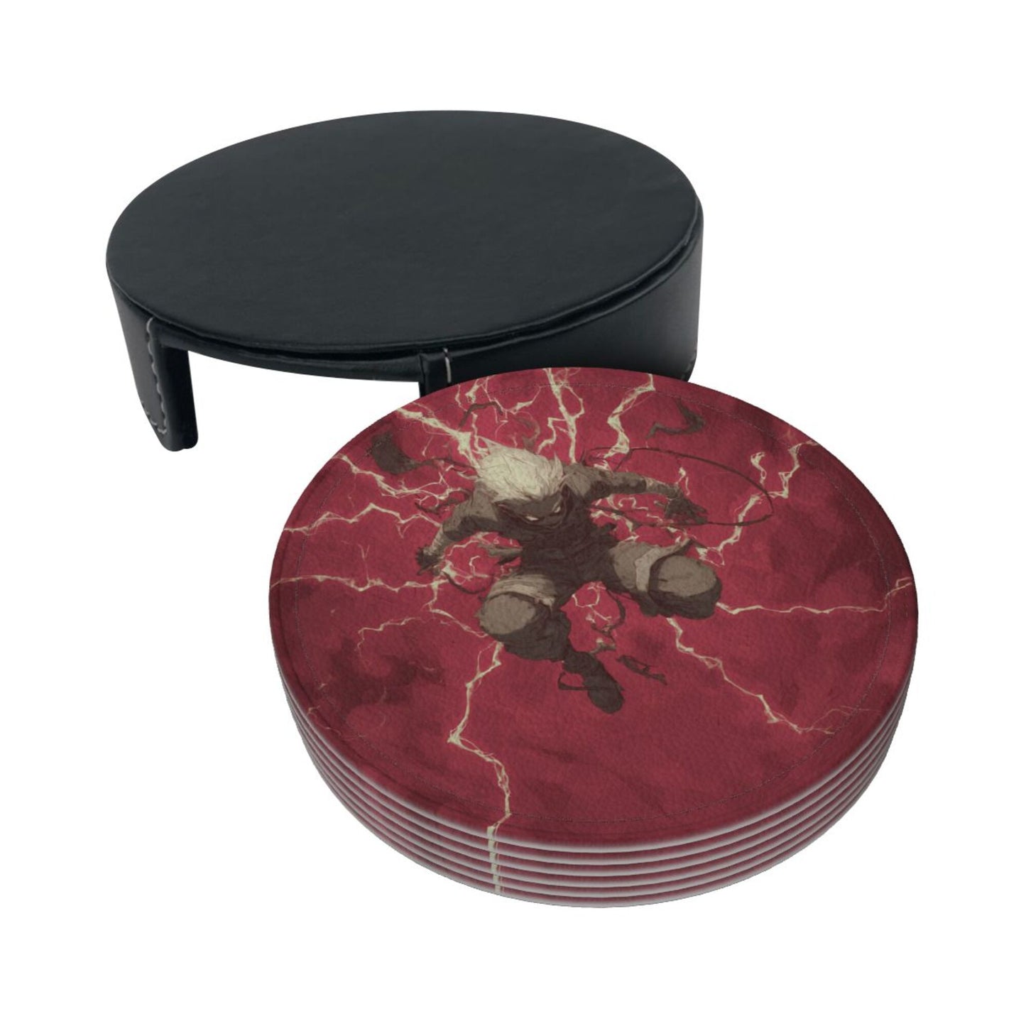Anime - Style Lightning Character Round Leather Coaster Set (6 - Piece + Storage Tray, Size 10cm×0.3cm )