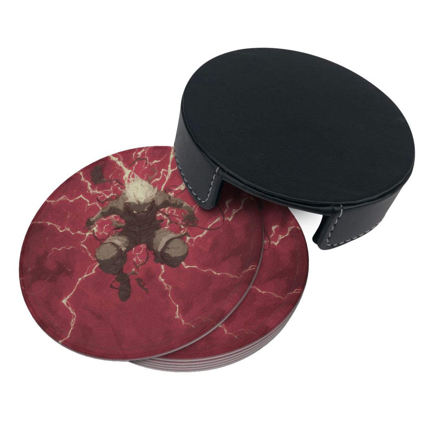 Anime - Style Lightning Character Round Leather Coaster Set (6 - Piece + Storage Tray, Size 10cm×0.3cm )