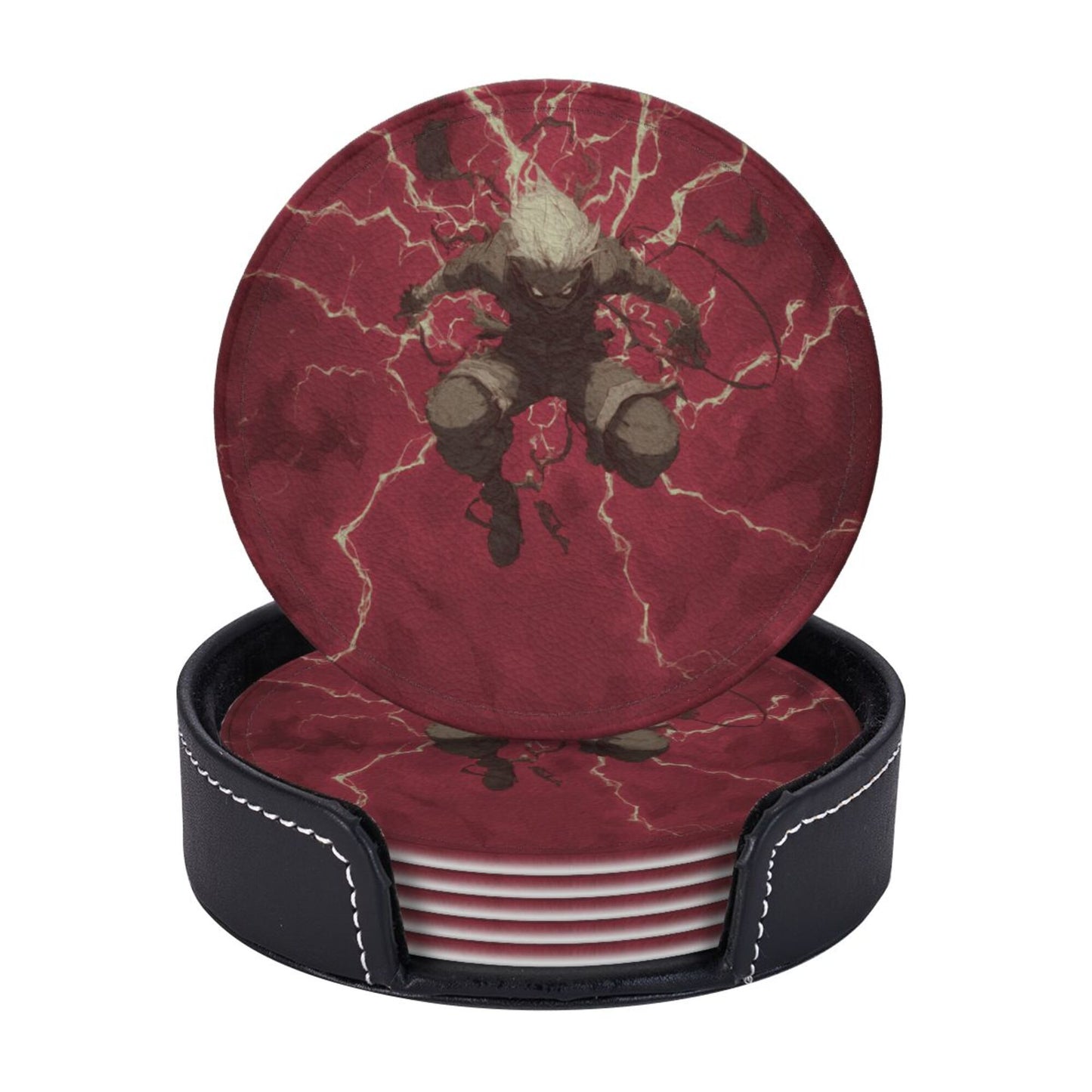 Anime - Style Lightning Character Round Leather Coaster Set (6 - Piece + Storage Tray, Size 10cm×0.3cm )