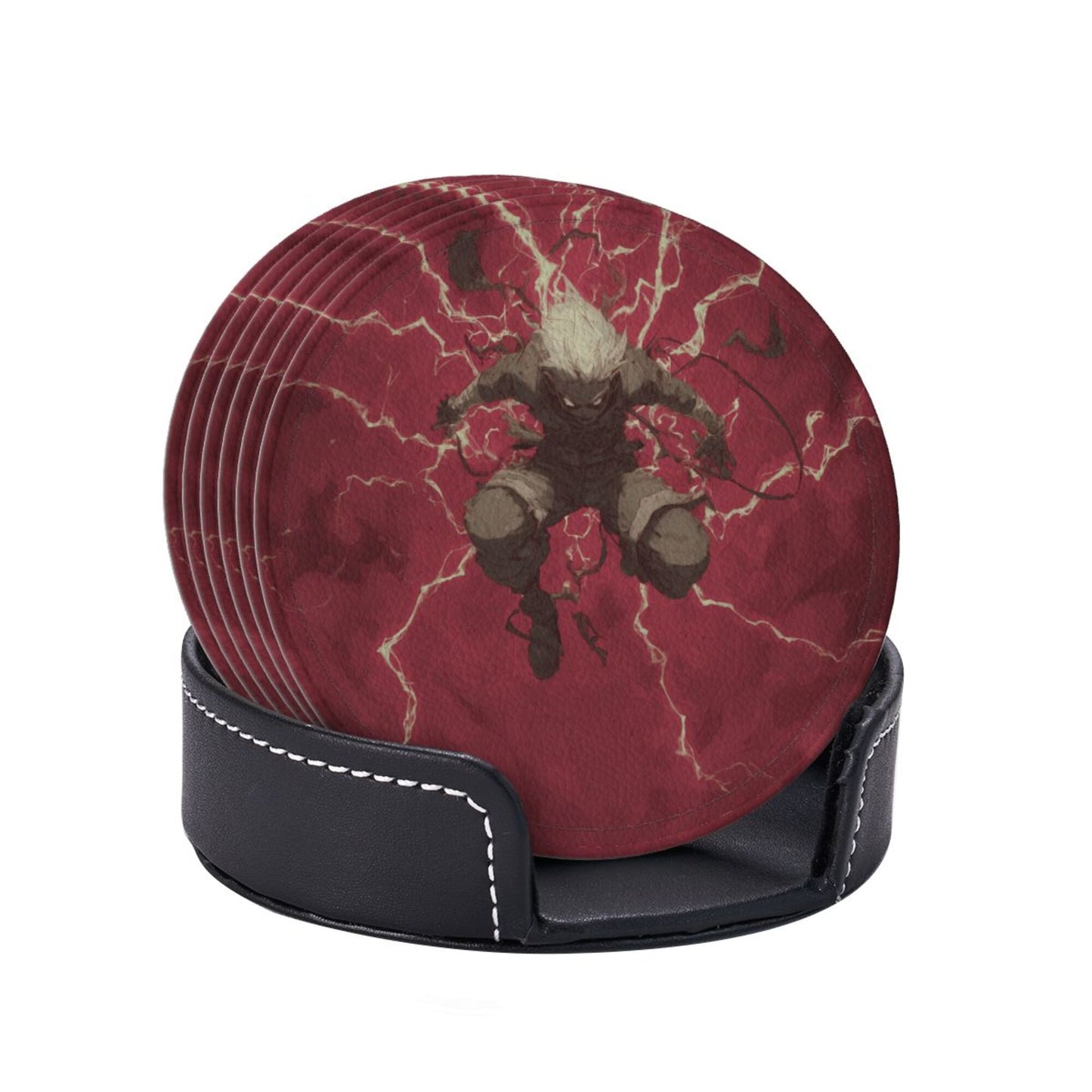 Anime - Style Lightning Character Round Leather Coaster Set (6 - Piece + Storage Tray, Size 10cm×0.3cm )