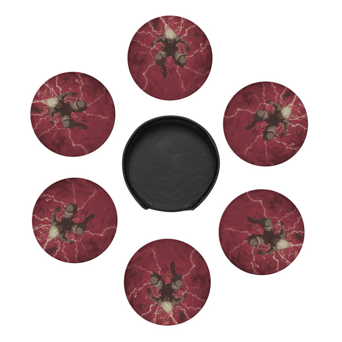 Anime - Style Lightning Character Round Leather Coaster Set (6 - Piece + Storage Tray, Size 10cm×0.3cm )