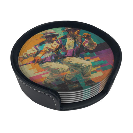 Trendy Retro Character - Printed Round Leather Coaster Set (6 - Piece + Storage Tray, Size 10cm×0.3cm )