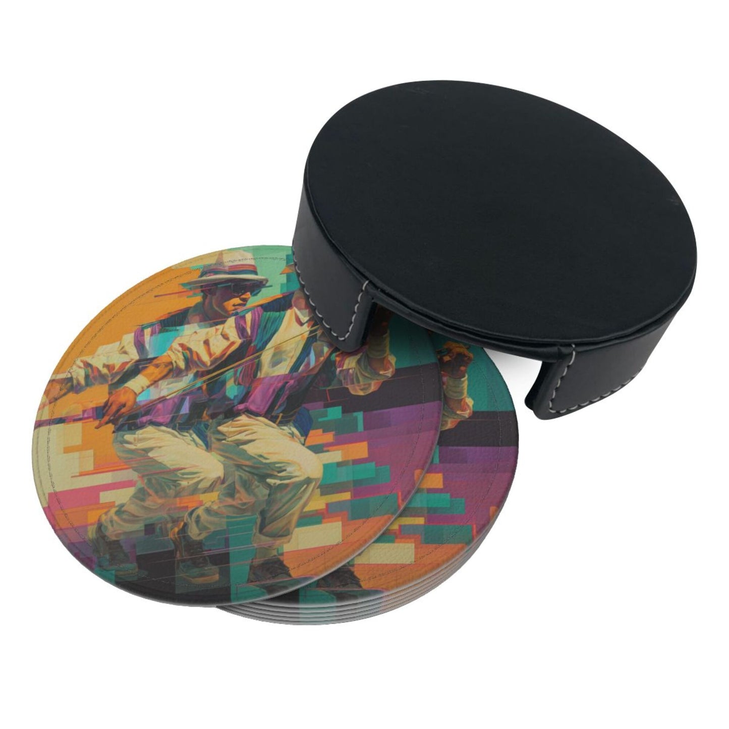Trendy Retro Character - Printed Round Leather Coaster Set (6 - Piece + Storage Tray, Size 10cm×0.3cm )
