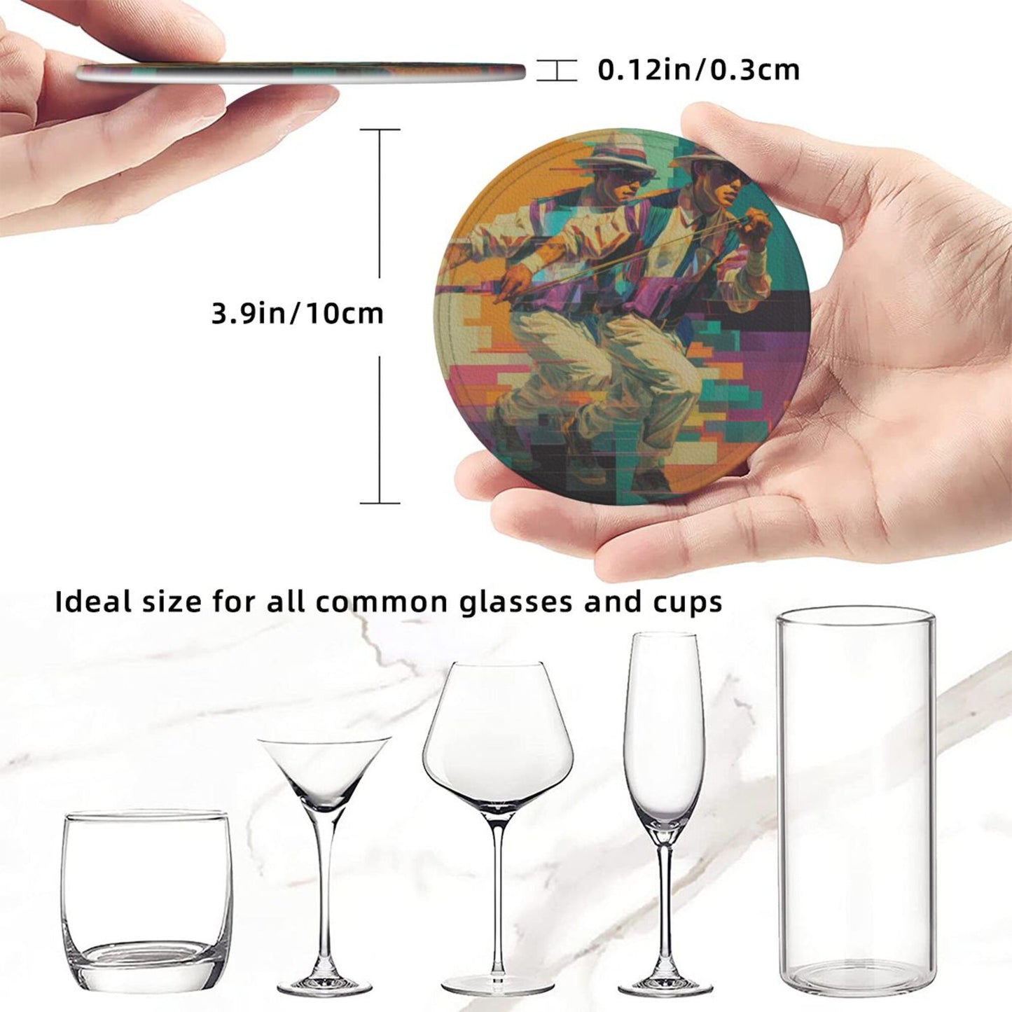 Trendy Retro Character - Printed Round Leather Coaster Set (6 - Piece + Storage Tray, Size 10cm×0.3cm )