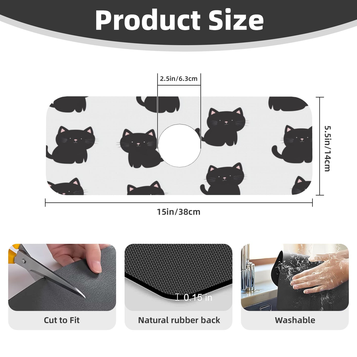 Cute Black Cat Printed Faucet Absorbent Mat, Cuttable Anti - Slip & Waterproof Sink Mat (Size 15in×5.5in, Hole Diameter 2.5in )