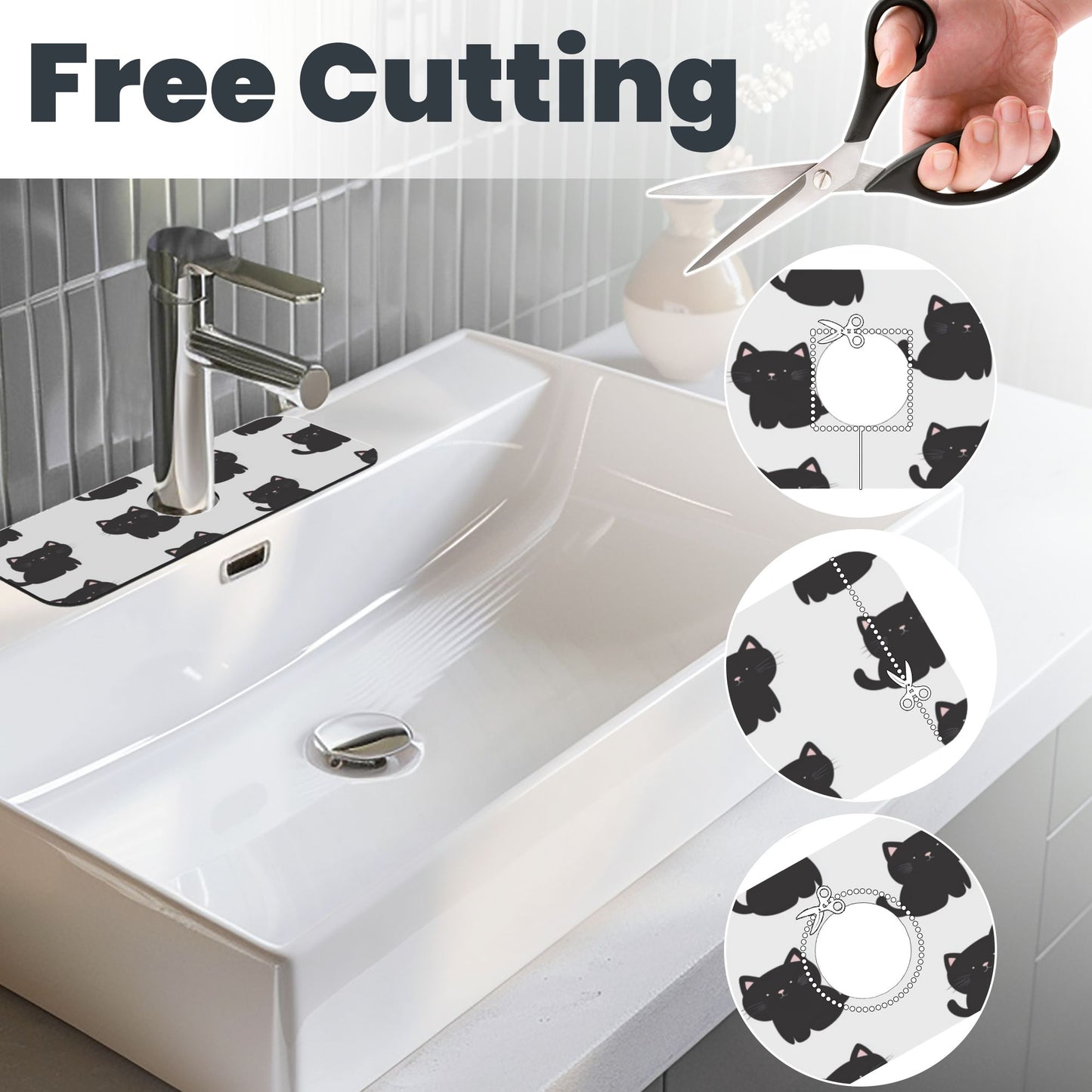 Cute Black Cat Printed Faucet Absorbent Mat, Cuttable Anti - Slip & Waterproof Sink Mat (Size 15in×5.5in, Hole Diameter 2.5in )