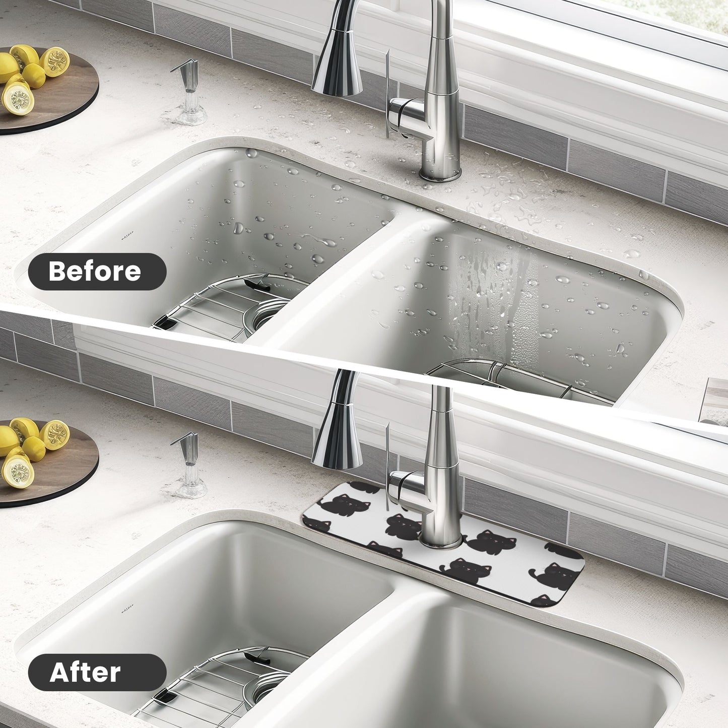 Cute Black Cat Printed Faucet Absorbent Mat, Cuttable Anti - Slip & Waterproof Sink Mat (Size 15in×5.5in, Hole Diameter 2.5in )