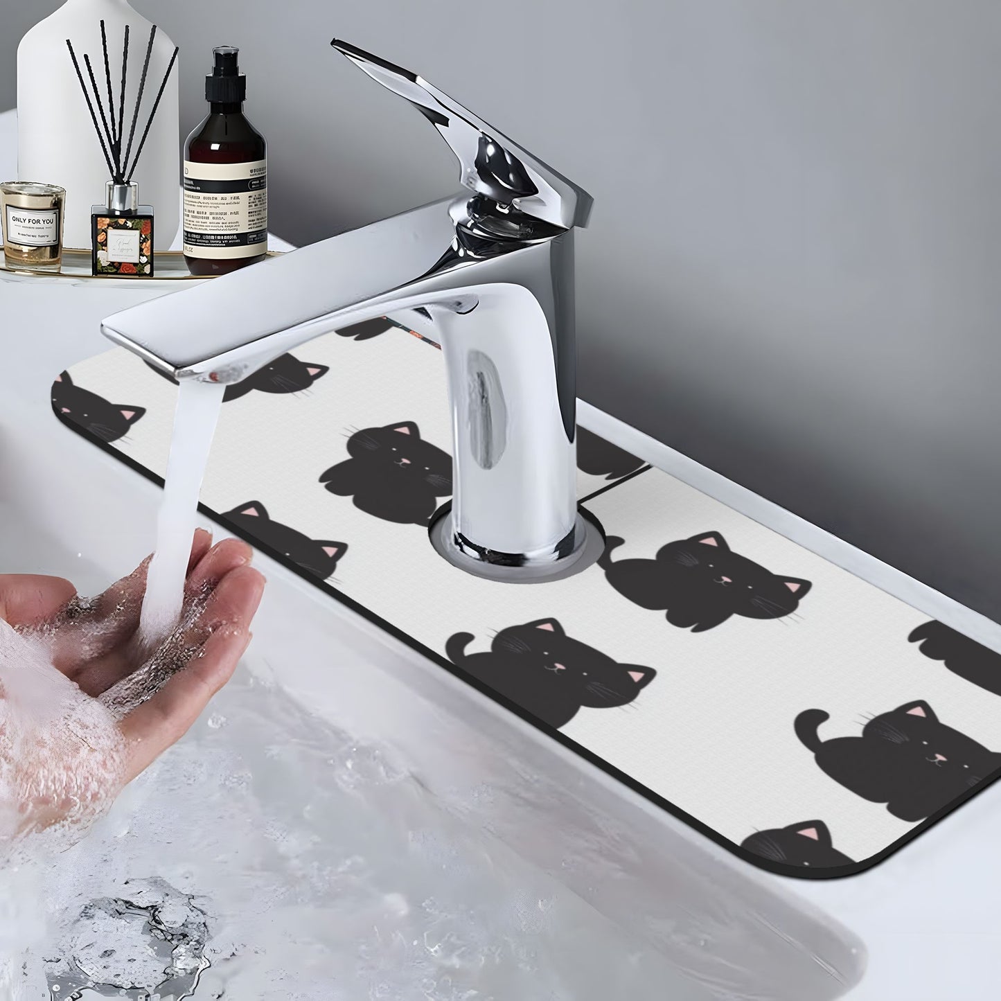 Cute Black Cat Printed Faucet Absorbent Mat, Cuttable Anti - Slip & Waterproof Sink Mat (Size 15in×5.5in, Hole Diameter 2.5in )