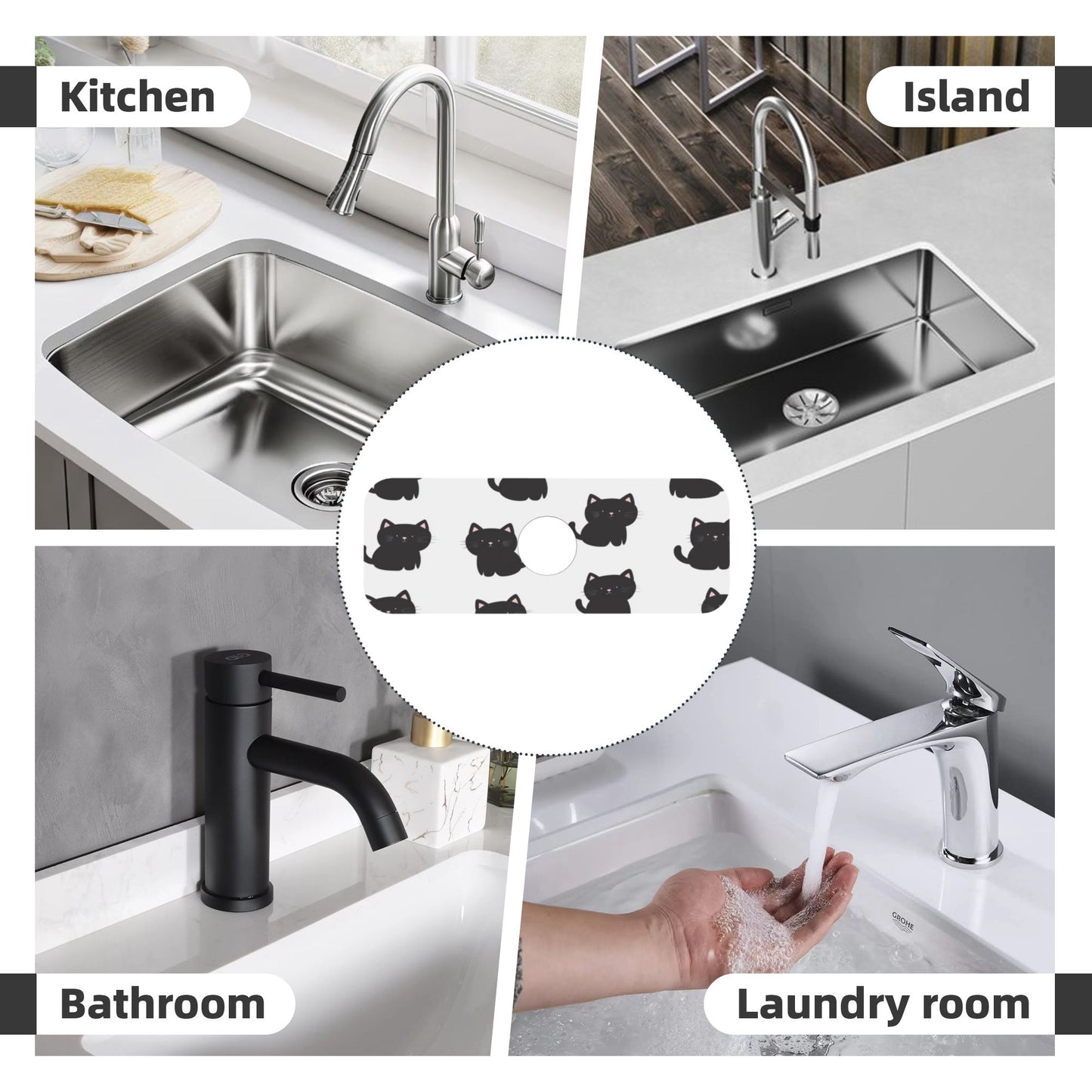 Cute Black Cat Printed Faucet Absorbent Mat, Cuttable Anti - Slip & Waterproof Sink Mat (Size 15in×5.5in, Hole Diameter 2.5in )