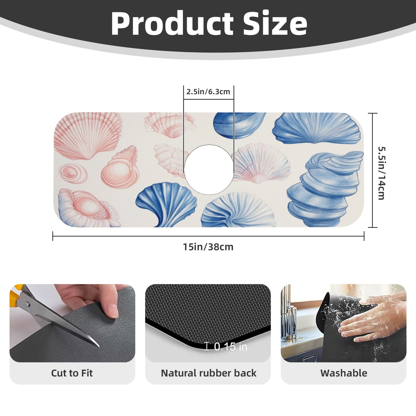 Ocean Shell Printed Faucet Absorbent Mat, Cuttable Anti - Slip & Waterproof Sink Mat (Size 15in×5.5in, Hole Diameter 2.5in )
