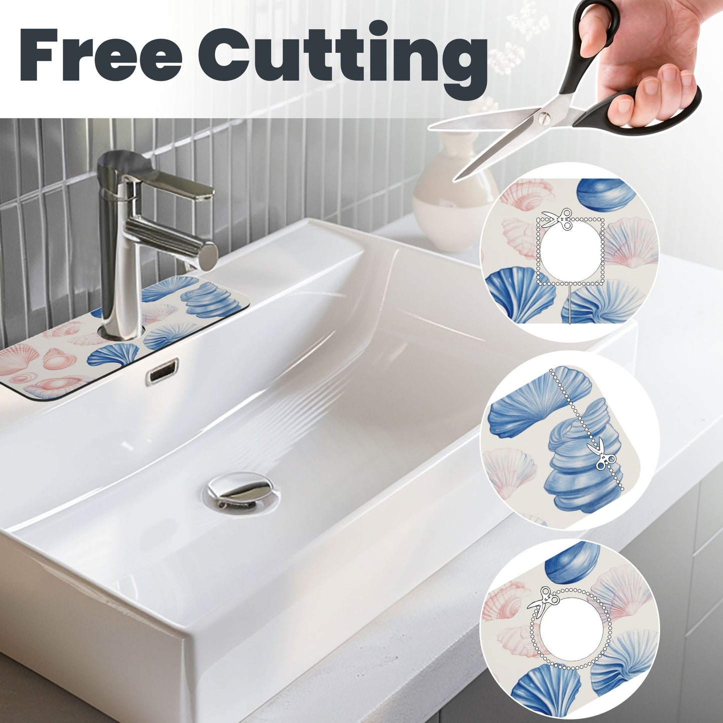 Ocean Shell Printed Faucet Absorbent Mat, Cuttable Anti - Slip & Waterproof Sink Mat (Size 15in×5.5in, Hole Diameter 2.5in )