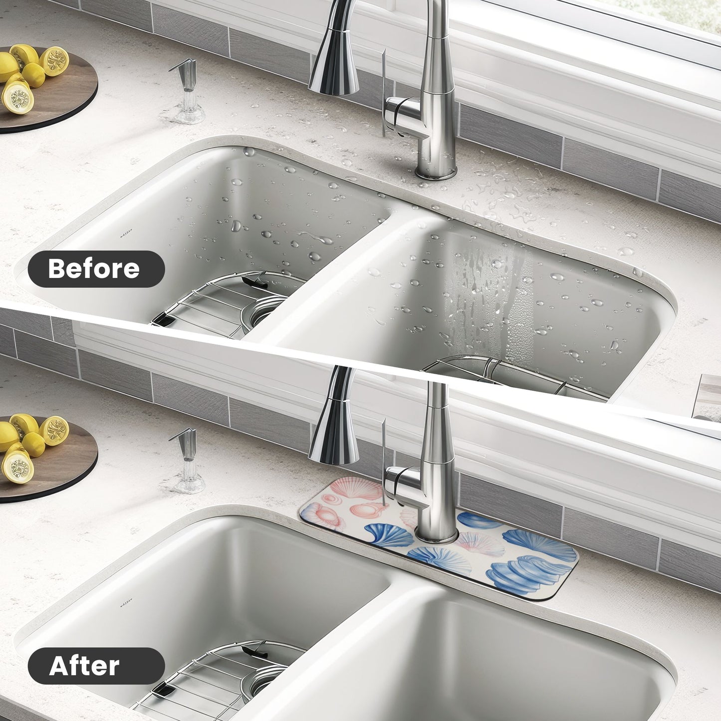 Ocean Shell Printed Faucet Absorbent Mat, Cuttable Anti - Slip & Waterproof Sink Mat (Size 15in×5.5in, Hole Diameter 2.5in )