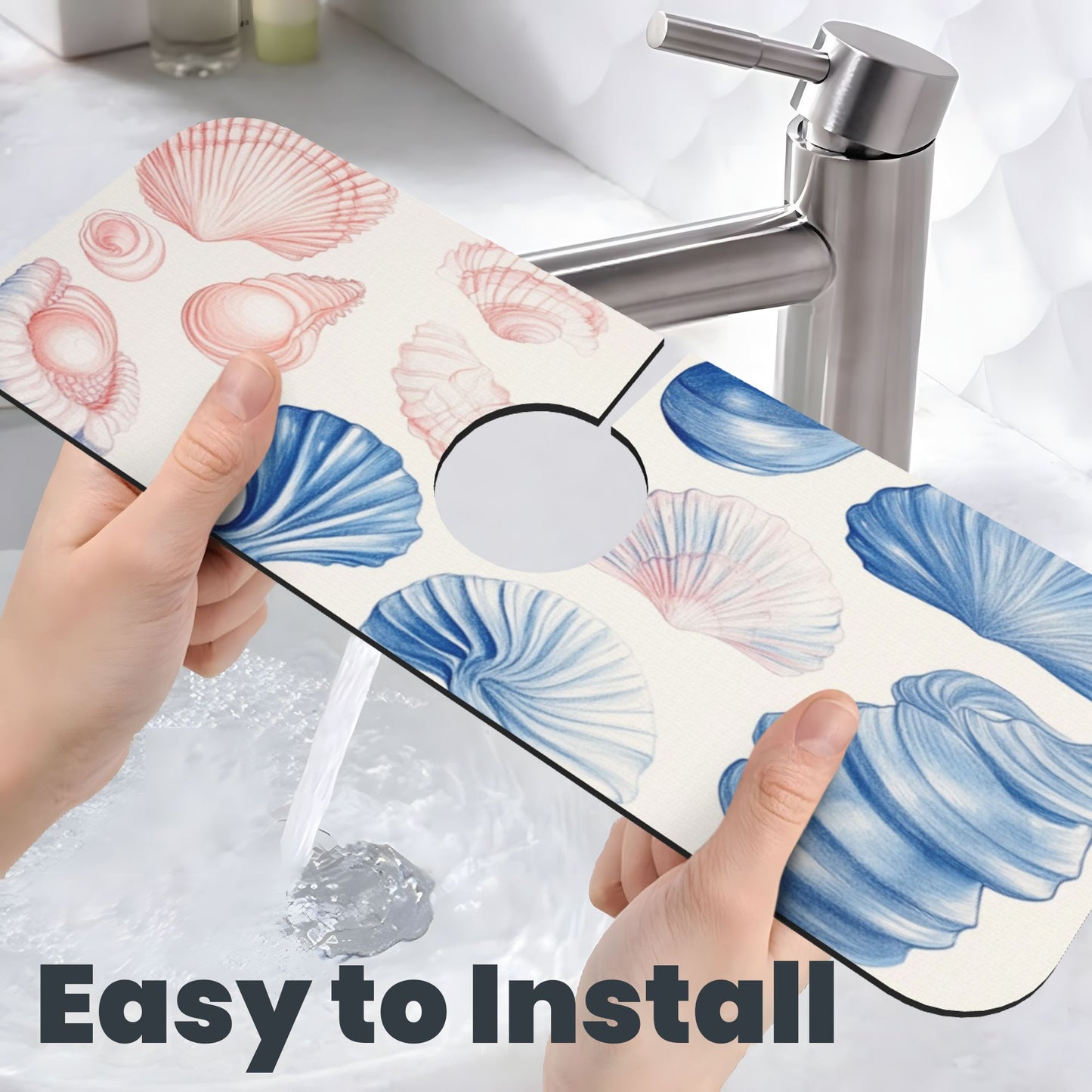 Ocean Shell Printed Faucet Absorbent Mat, Cuttable Anti - Slip & Waterproof Sink Mat (Size 15in×5.5in, Hole Diameter 2.5in )