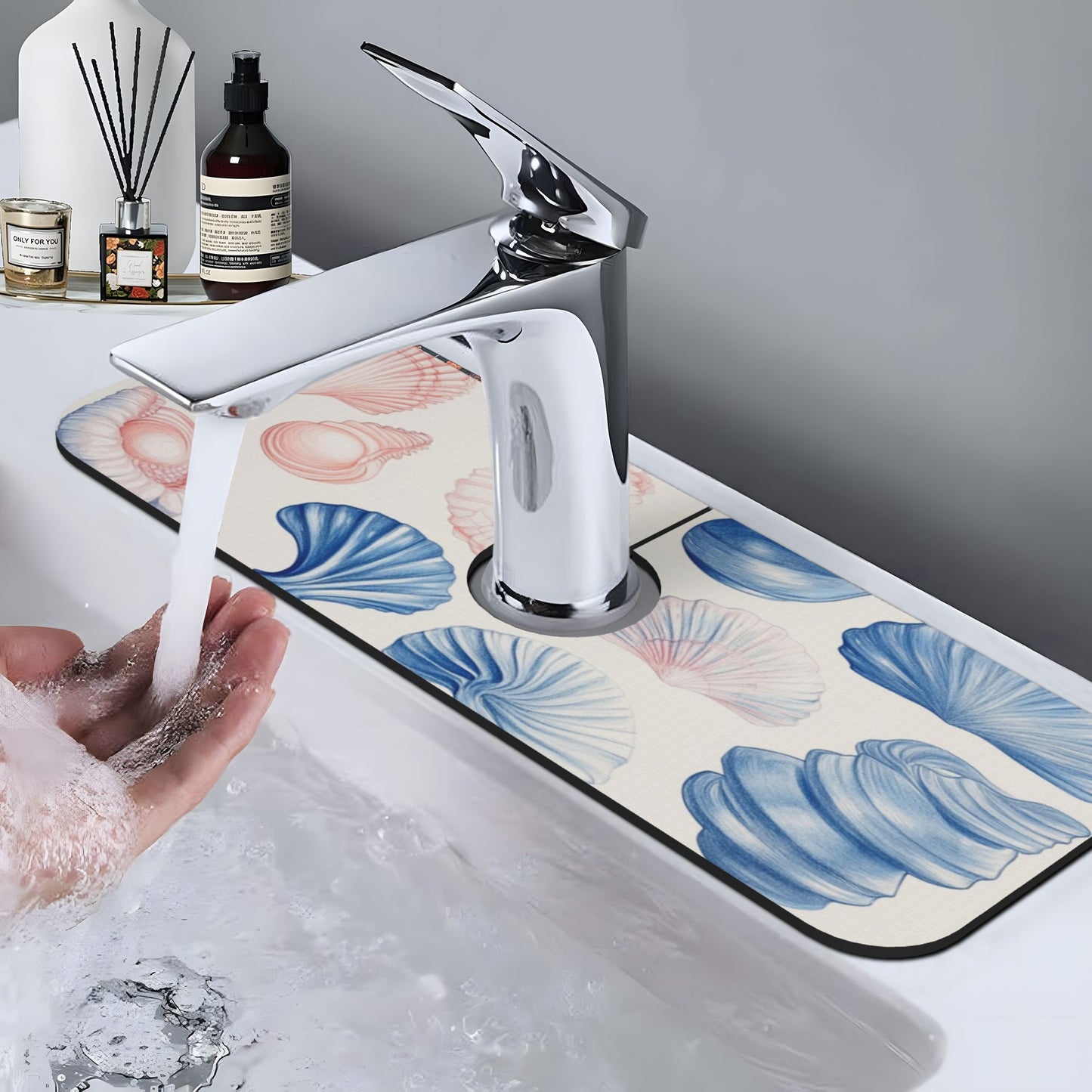 Ocean Shell Printed Faucet Absorbent Mat, Cuttable Anti - Slip & Waterproof Sink Mat (Size 15in×5.5in, Hole Diameter 2.5in )