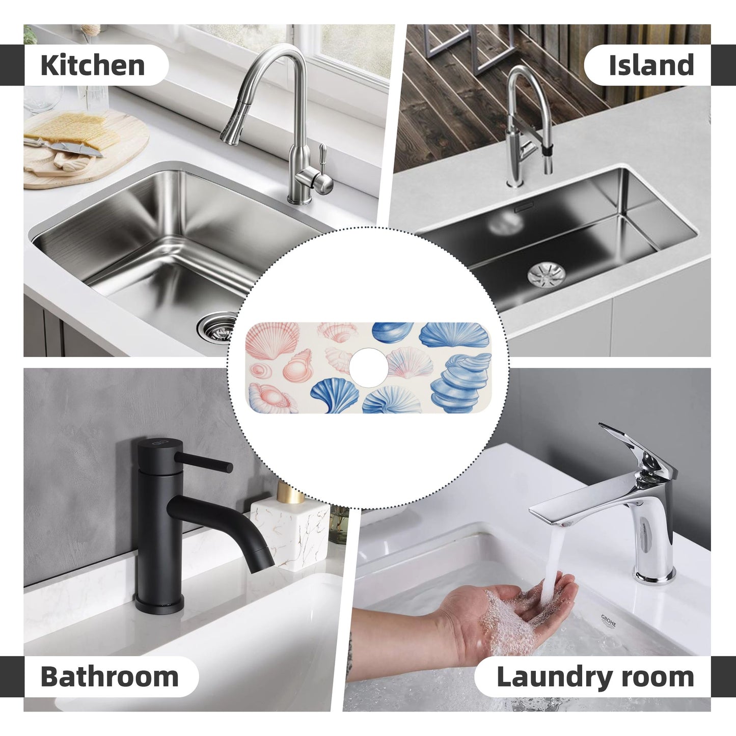 Ocean Shell Printed Faucet Absorbent Mat, Cuttable Anti - Slip & Waterproof Sink Mat (Size 15in×5.5in, Hole Diameter 2.5in )