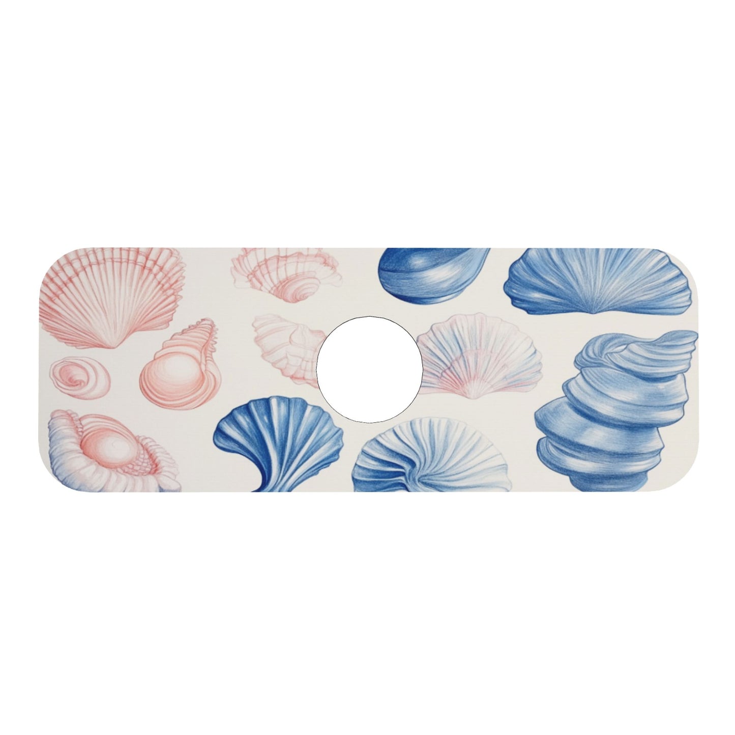 Ocean Shell Printed Faucet Absorbent Mat, Cuttable Anti - Slip & Waterproof Sink Mat (Size 15in×5.5in, Hole Diameter 2.5in )