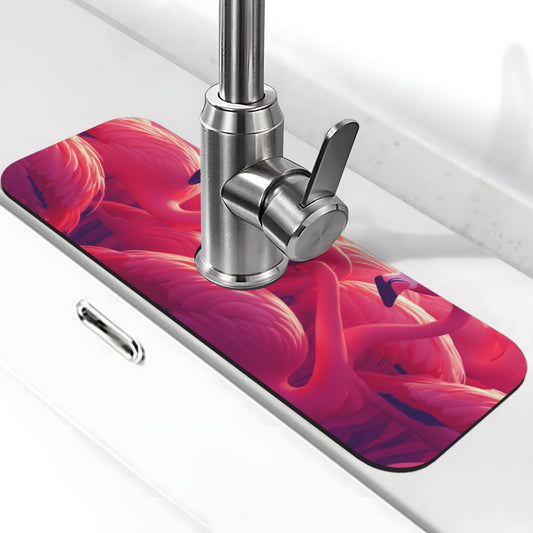 Flamingo Printed Faucet Absorbent Mat, Cuttable Anti - Slip & Waterproof Sink Mat (Size 15in×5.5in, Hole Diameter 2.5in )