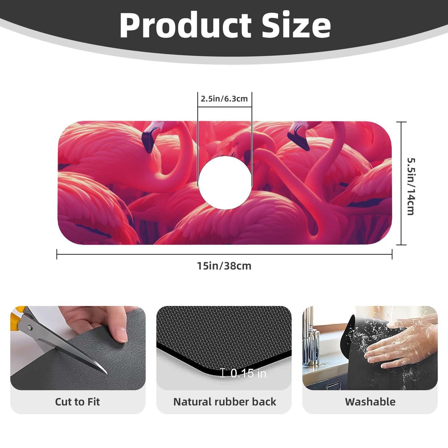Flamingo Printed Faucet Absorbent Mat, Cuttable Anti - Slip & Waterproof Sink Mat (Size 15in×5.5in, Hole Diameter 2.5in )