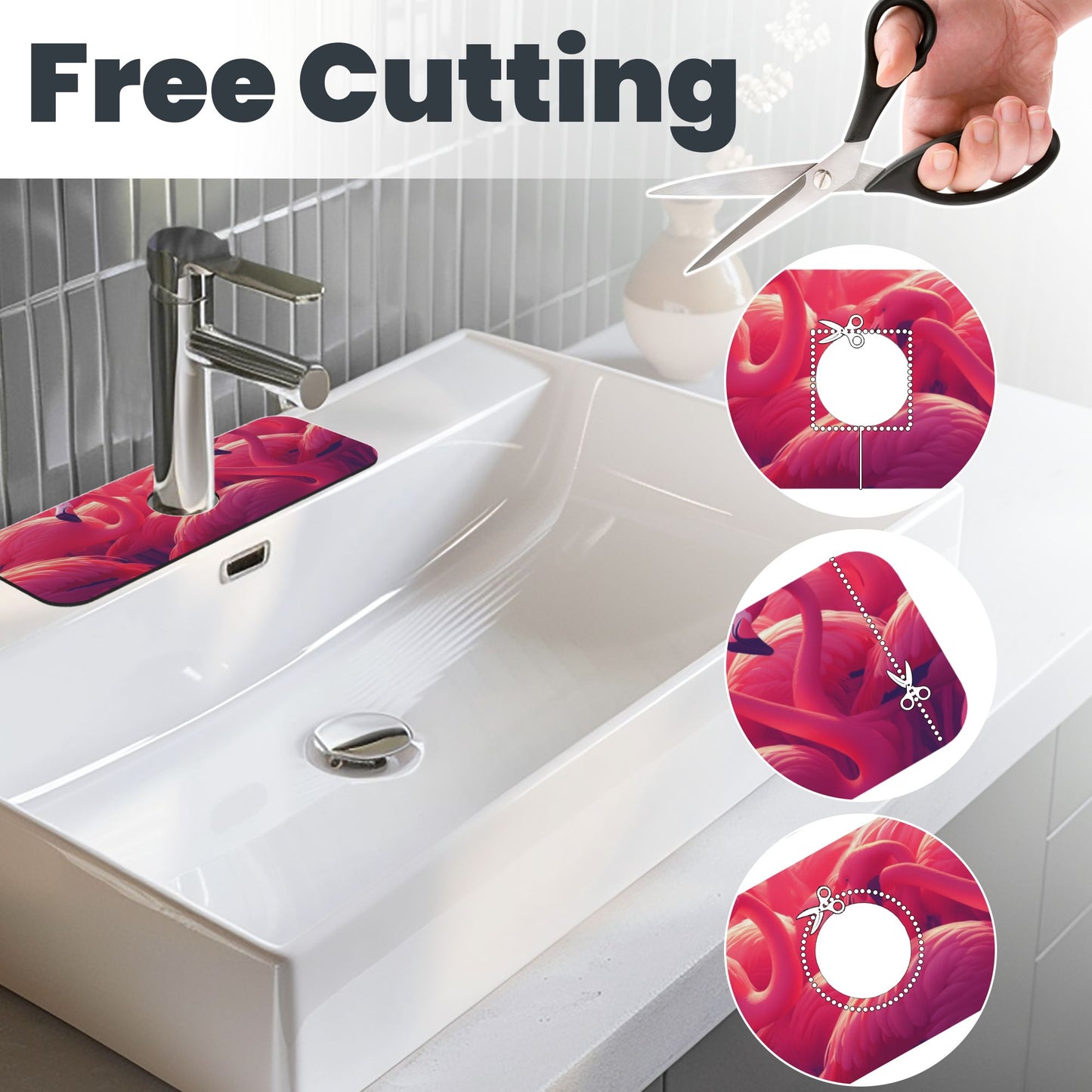 Flamingo Printed Faucet Absorbent Mat, Cuttable Anti - Slip & Waterproof Sink Mat (Size 15in×5.5in, Hole Diameter 2.5in )