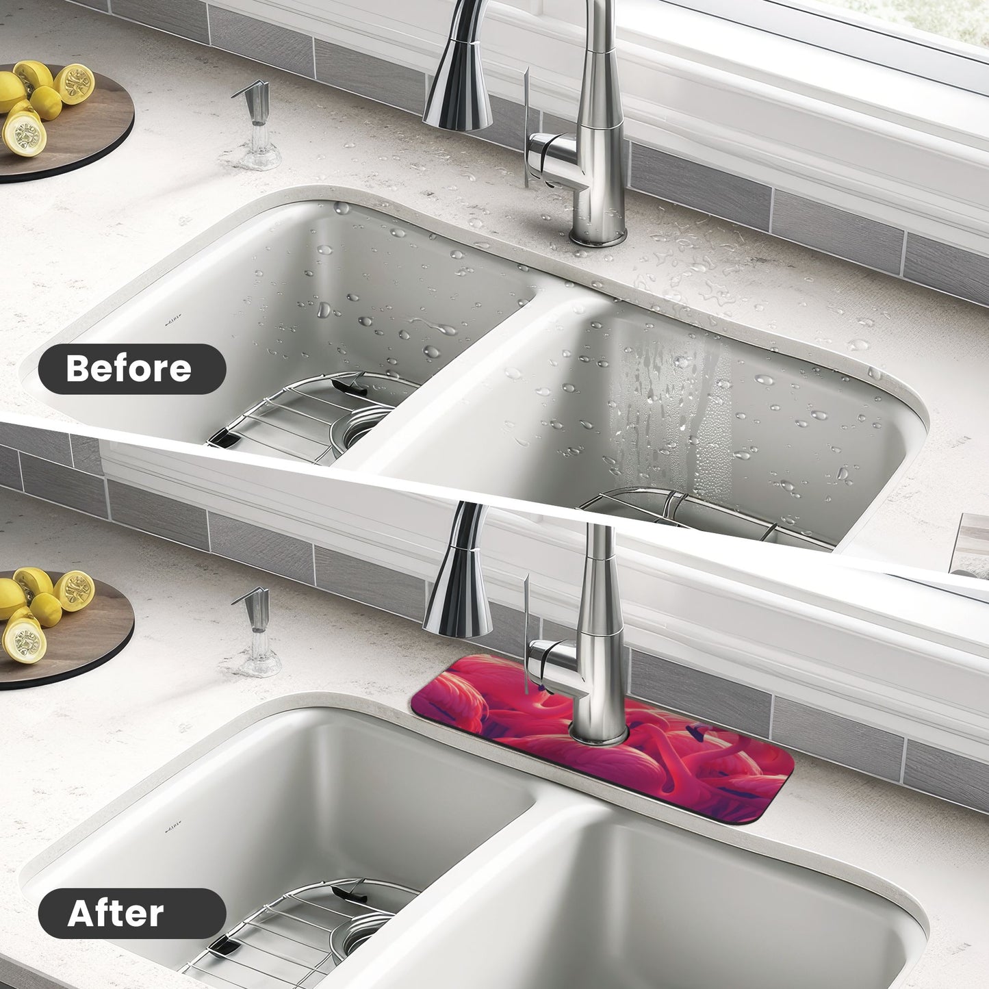 Flamingo Printed Faucet Absorbent Mat, Cuttable Anti - Slip & Waterproof Sink Mat (Size 15in×5.5in, Hole Diameter 2.5in )