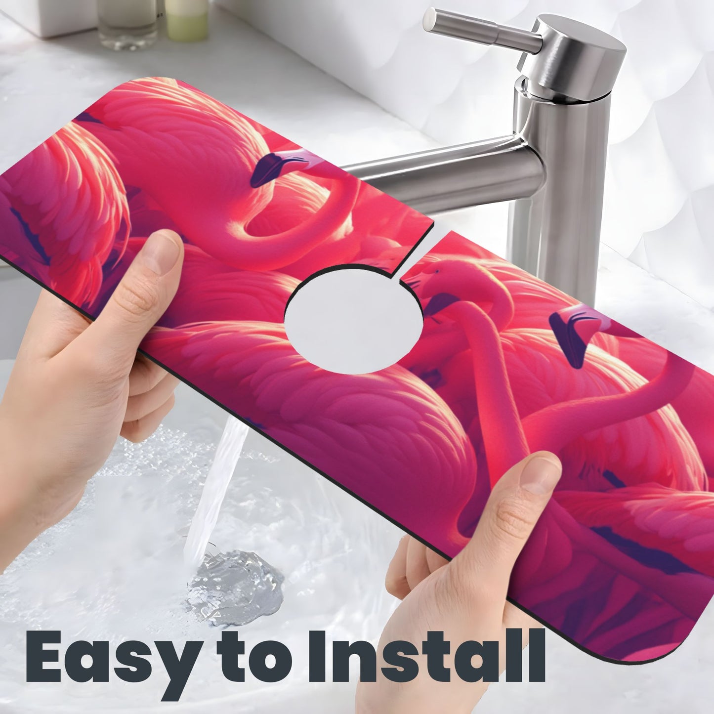 Flamingo Printed Faucet Absorbent Mat, Cuttable Anti - Slip & Waterproof Sink Mat (Size 15in×5.5in, Hole Diameter 2.5in )