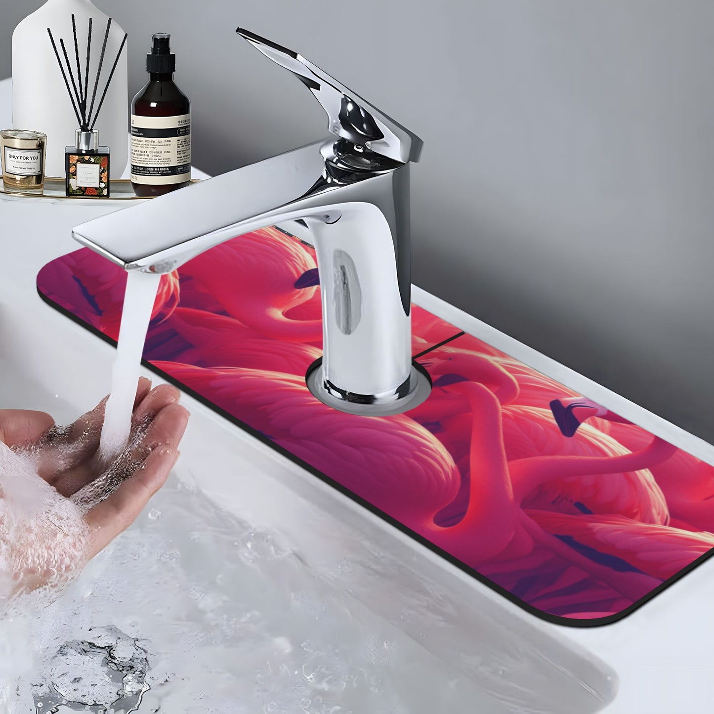 Flamingo Printed Faucet Absorbent Mat, Cuttable Anti - Slip & Waterproof Sink Mat (Size 15in×5.5in, Hole Diameter 2.5in )