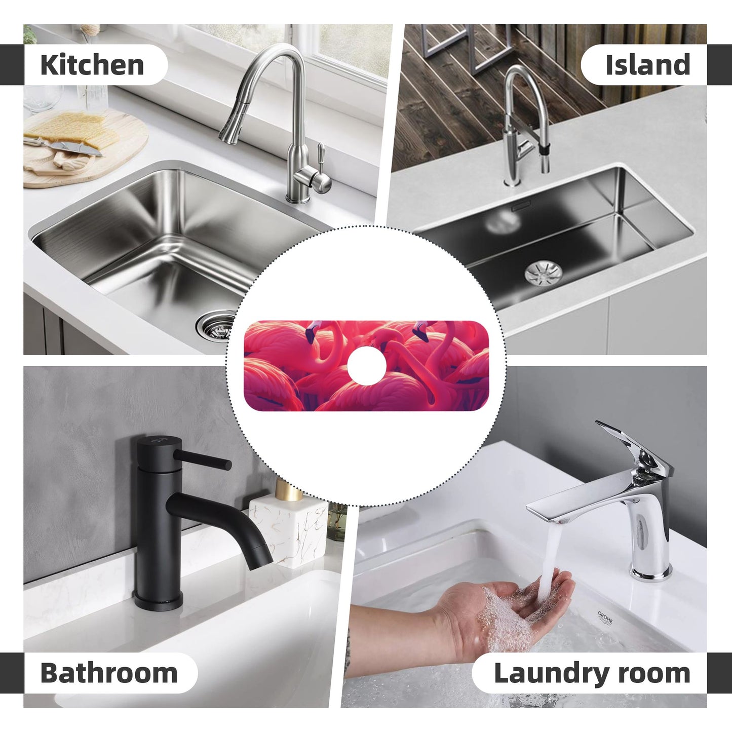 Flamingo Printed Faucet Absorbent Mat, Cuttable Anti - Slip & Waterproof Sink Mat (Size 15in×5.5in, Hole Diameter 2.5in )