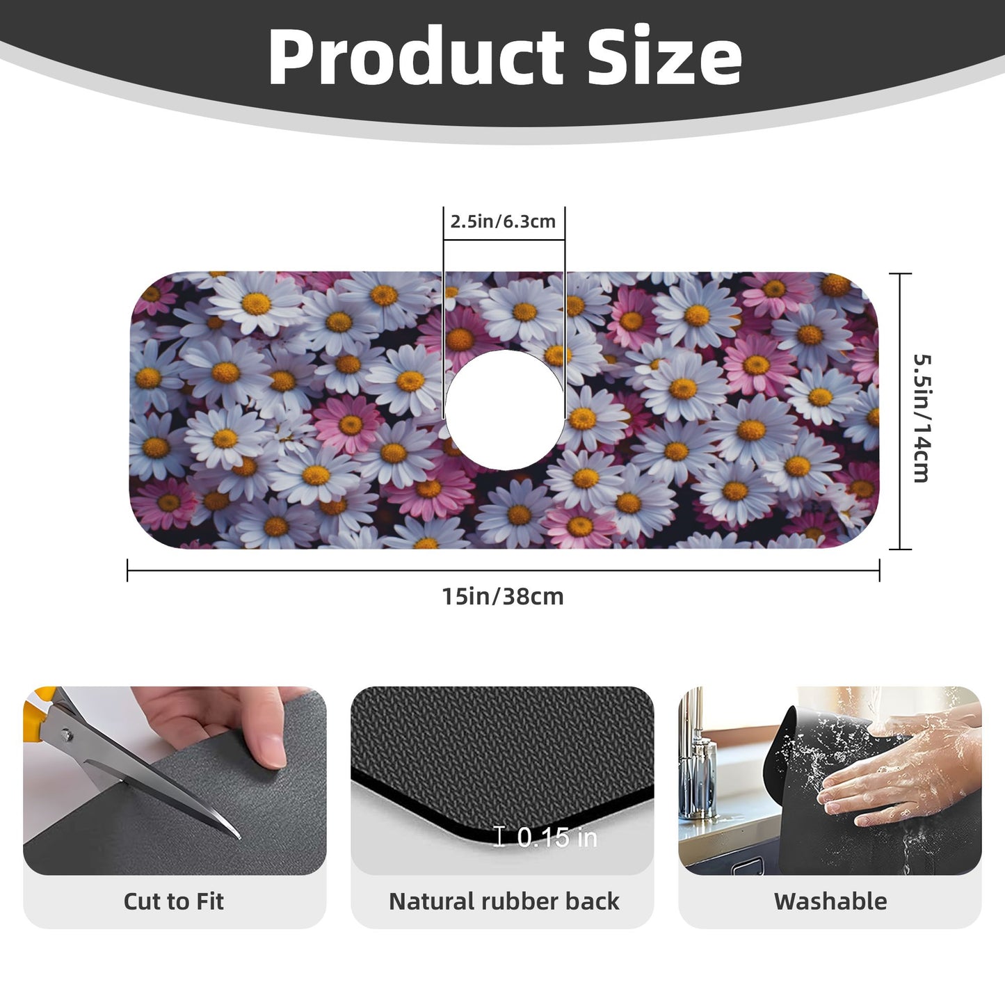 Daisy Printed Faucet Absorbent Mat, Cuttable Anti - Slip & Waterproof Sink Mat (Size 15in×5.5in, Hole Diameter 2.5in )