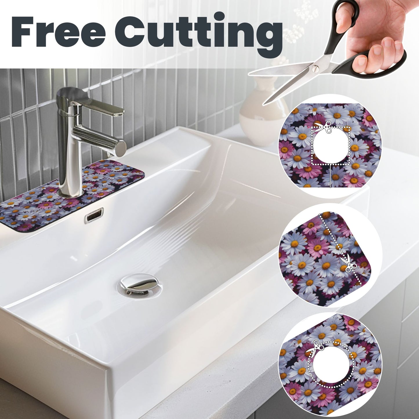 Daisy Printed Faucet Absorbent Mat, Cuttable Anti - Slip & Waterproof Sink Mat (Size 15in×5.5in, Hole Diameter 2.5in )