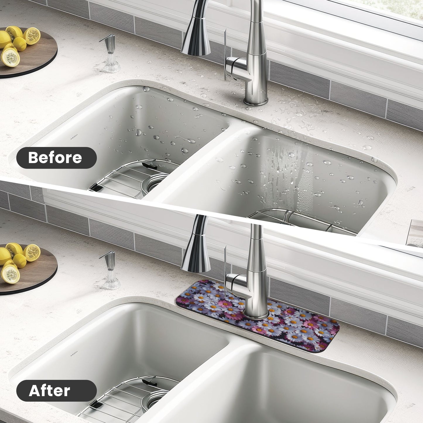 Daisy Printed Faucet Absorbent Mat, Cuttable Anti - Slip & Waterproof Sink Mat (Size 15in×5.5in, Hole Diameter 2.5in )