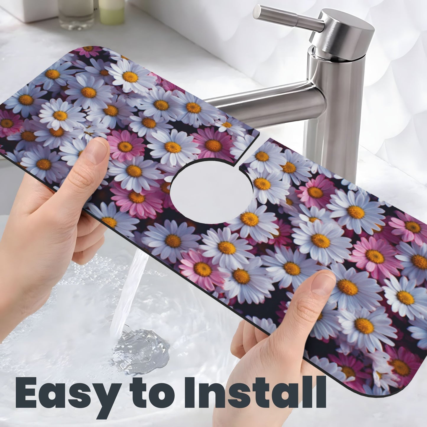 Daisy Printed Faucet Absorbent Mat, Cuttable Anti - Slip & Waterproof Sink Mat (Size 15in×5.5in, Hole Diameter 2.5in )