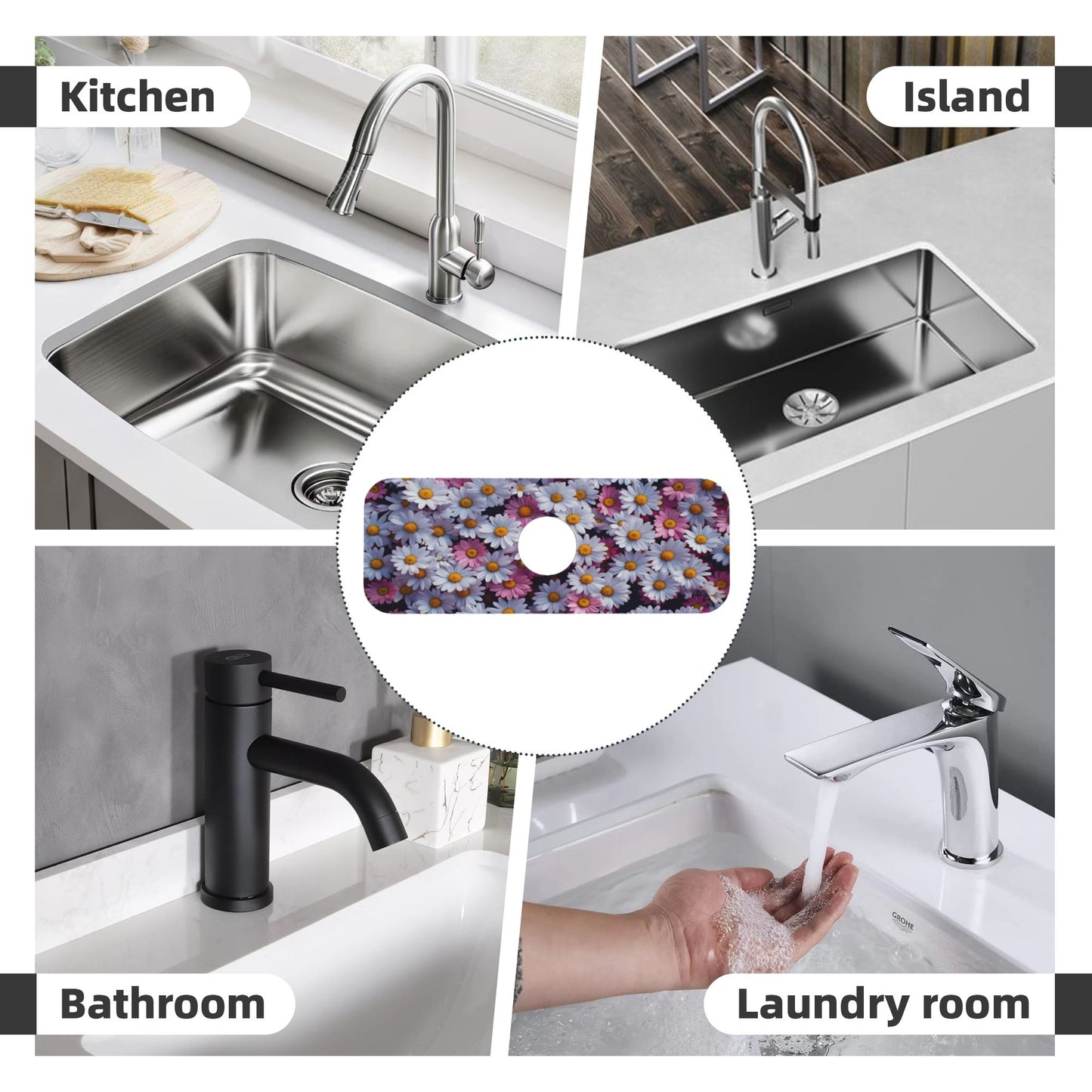 Daisy Printed Faucet Absorbent Mat, Cuttable Anti - Slip & Waterproof Sink Mat (Size 15in×5.5in, Hole Diameter 2.5in )